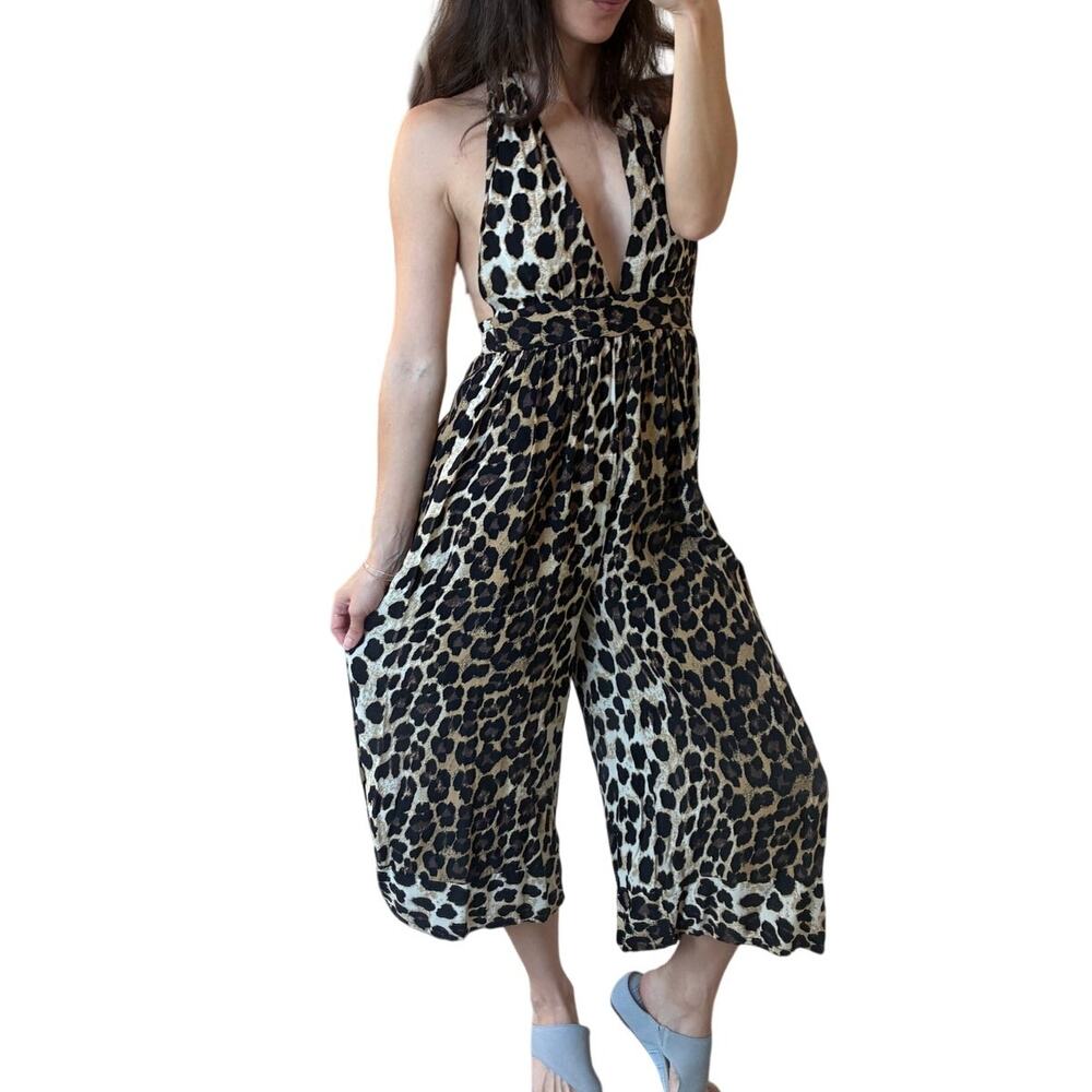 Urban Outfitters Leopard Animal Print Y2k Halter Cropped Ankle Jumpsuit Size XS